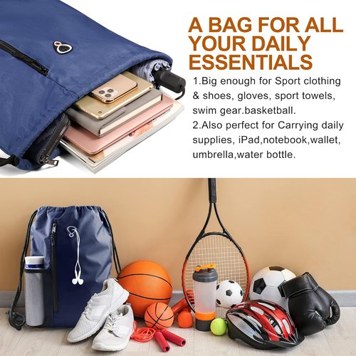 BeeGreen Navy Sports Gym Bag - Large Drawstring Backpack with Zipper Pocket & Mesh Water Bottle Holders