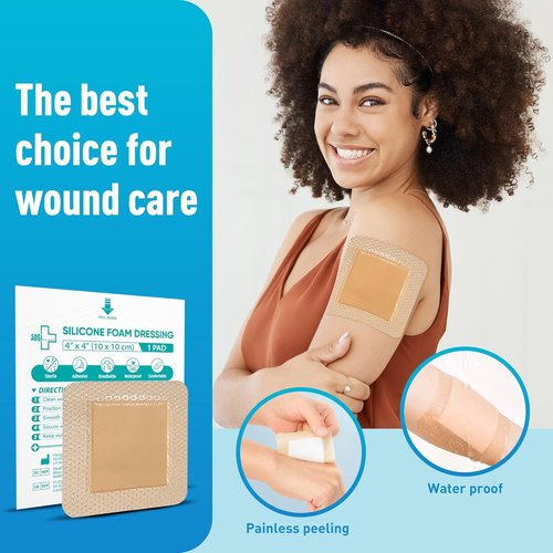 General Medi Waterproof Silicone Foam Island Dressing - 4" x 4" Sterile Wound Care Pads (10 Pack) | Soft, Absorbent & Adhesive