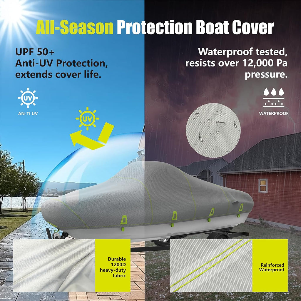 YSPACE Boat Cover - 17-19ft Heavy Duty Waterproof 1200D with Reflective Strips & Storage Bag | Fits V-Hull & Fishing Boats Up to 96" Wide