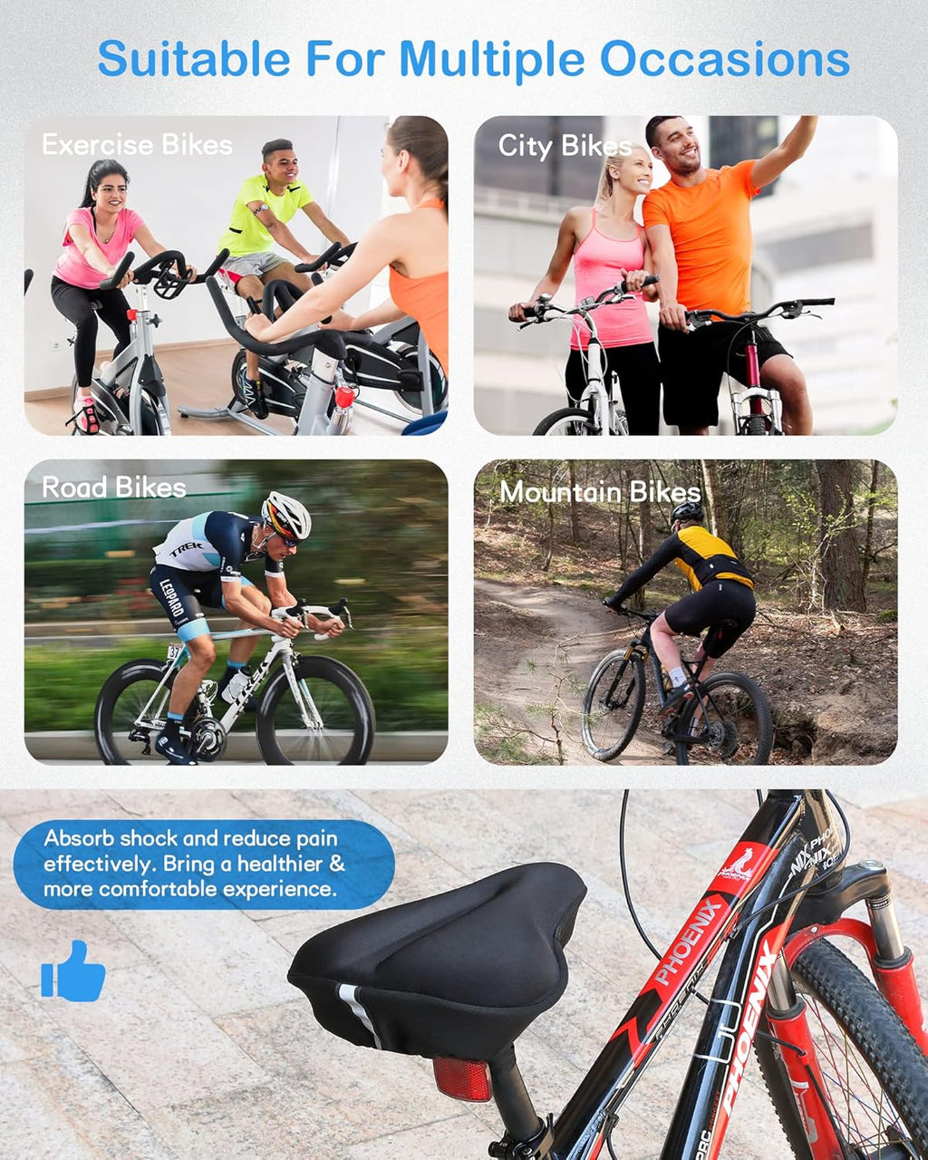 Skiennix Bike Seat Cushion - Gel Cover for Ultimate Comfort | Fits All Bikes (11x10 Inch)