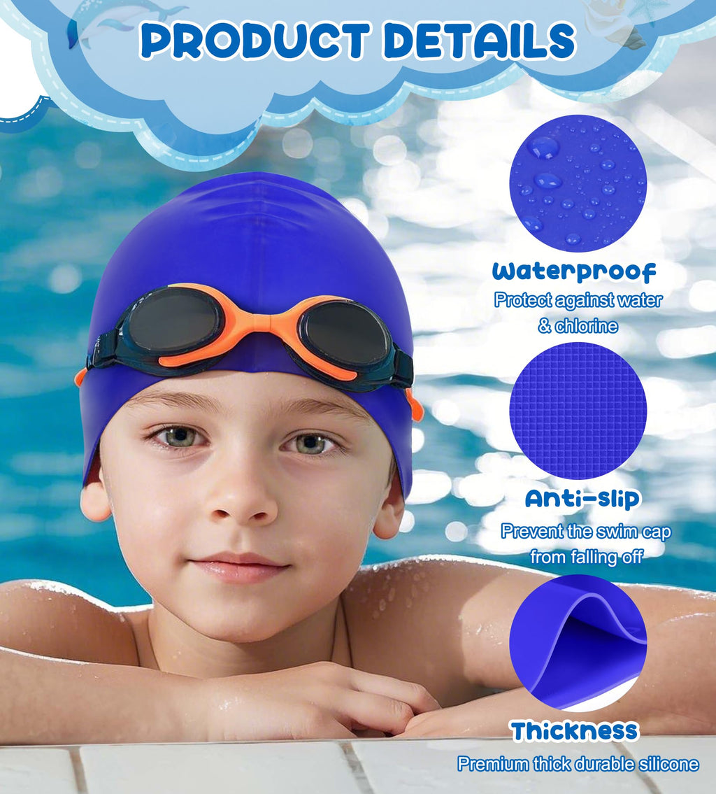 Aegend 2 Pack Kids Swim Cap for Girls Boys Age 3-8, Waterproof Swim Cap Durable Silicone Kids Swimming Cap for Long Hair, Black & Blue