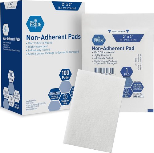 Med Pride Sterile Non-Stick Wound Pads - Highly Absorbent & Painless Removal | 2x3 Inch (Pack of 100)