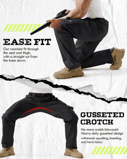 IGOLUMON Men's Stretch Tactical Work Pants, Breathable Ripstop Cargo Pants with 15 Pockets, Construction EDC Hiking Pants Black