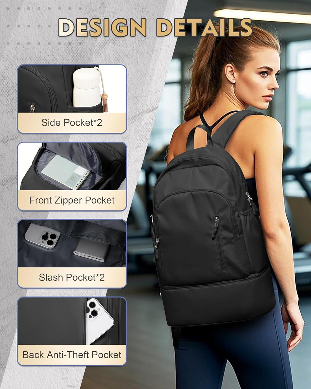 Skiennix Gym Backpack - Lightweight Waterproof Sports Bag with Shoe Compartment | Black