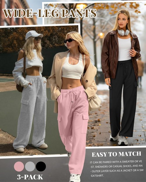 Velvelhall 3 Pack Women's Cargo Sweatpants Wide Leg Baggy Elastic Drawstring Pants Casual Athletic Joggers with 4 Pockets(Pink, Light Mixed Gray, Black,Large)