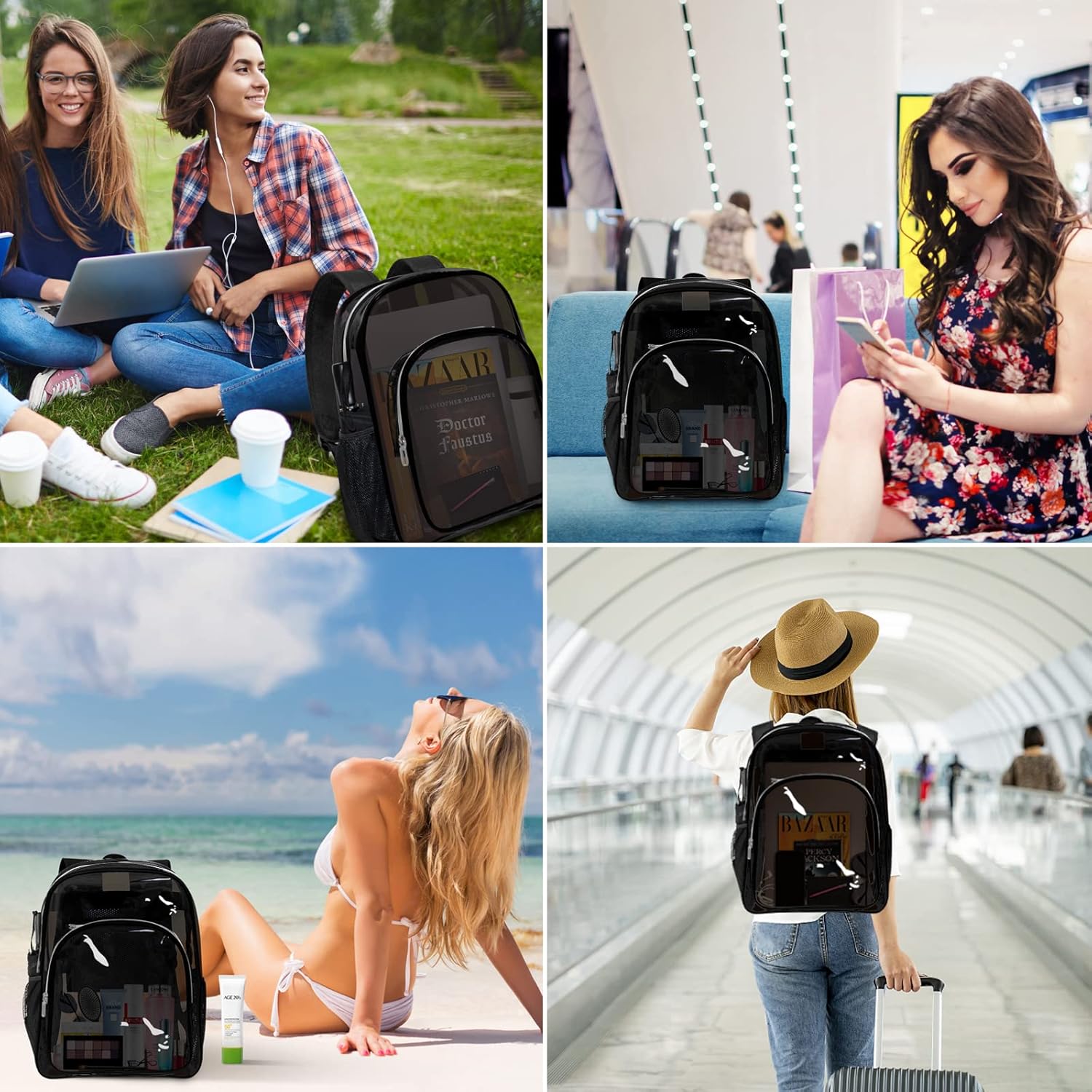 Skiennix Clear Backpack - Heavy Duty Transparent Design for Security Travel | Black Color