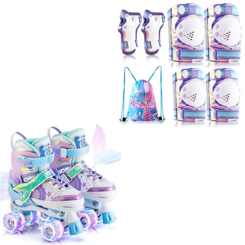 NEMONE Mermaid Roller Skates (Purple S) with Protective Gear Set Knee Elbow Wrist Guards Pads for Kids Girls (Purple S)
