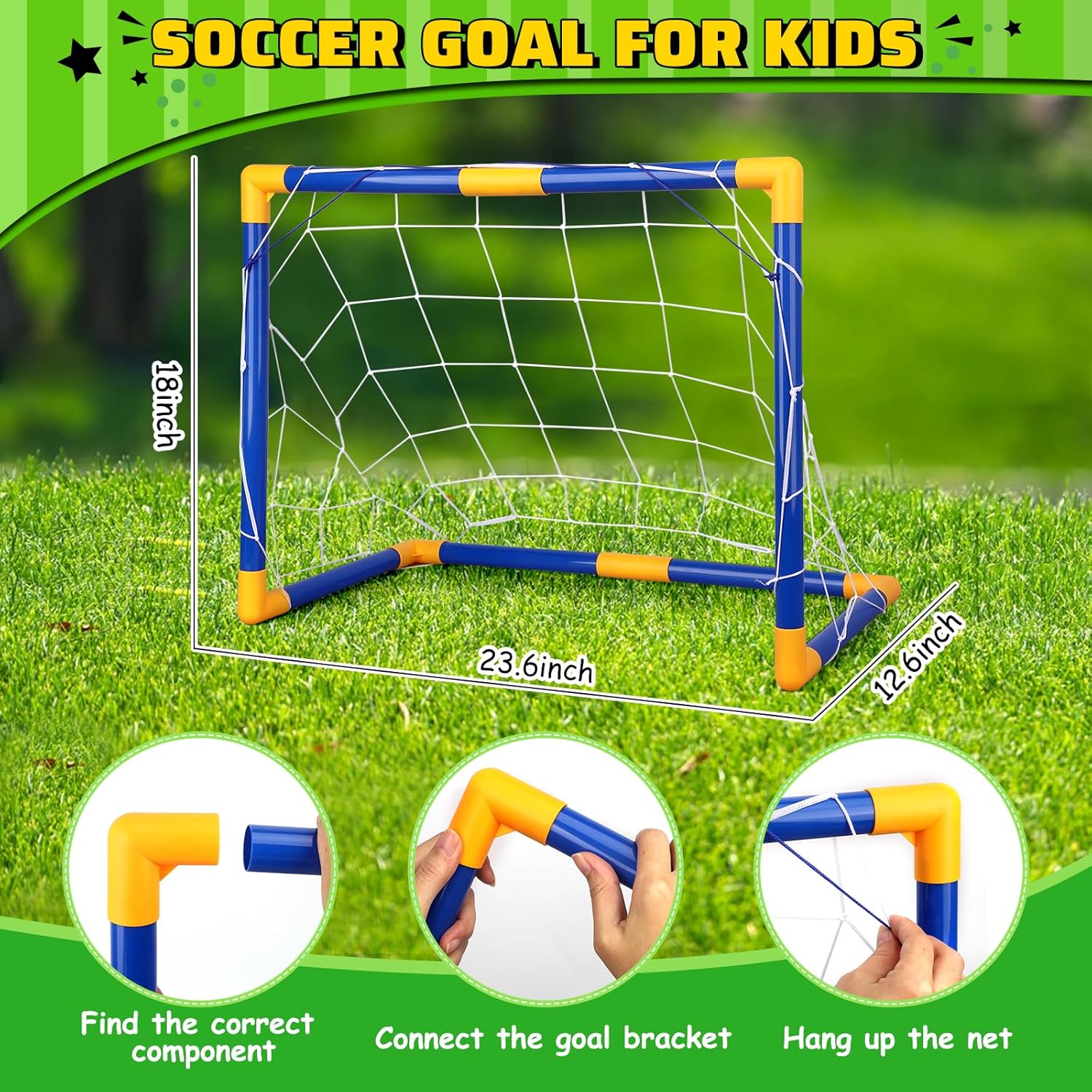 Soccer Goal Set with 3 Ball Pump for Toddler Kid, Portable Goals Training Equipment for Garden Indoor Outdoor Backyard, Birthday Gift for Boy Girl Sports Toy Family Game 23" W×18" H×12" D