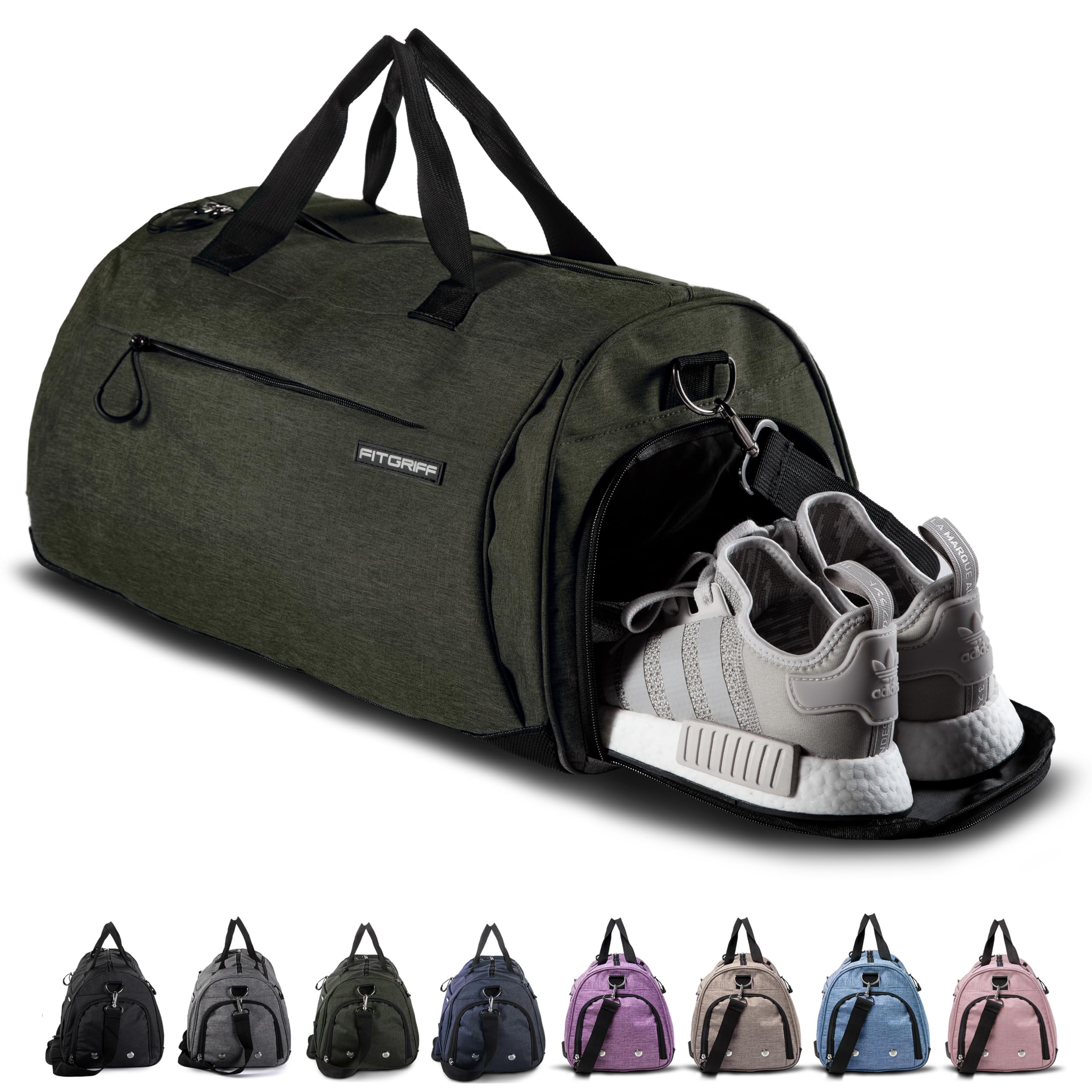 Fitgriff® Gym Bag for Men & Women with Shoe & Wet Compartment - Duffle Bag for Travel, Sports, Fitness & Workout (Army Green, 23 x 12 x 12″ (Medium))