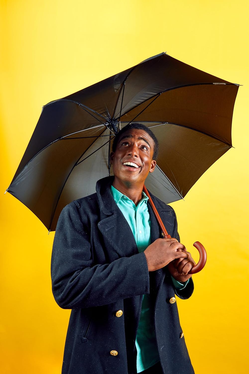 Tote's Men's Eco-Friendly Auto Open Wooden Handle J Stick Umbrella - Durable & Stylish Design