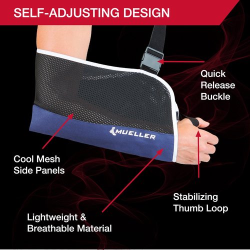 MUELLER Sports Medicine Adjustable Arm Sling - Comfortable Support for Left or Right Shoulder and Arm Injury, For Men and Women, Blue w/ Black Mesh, One Size Fits Most