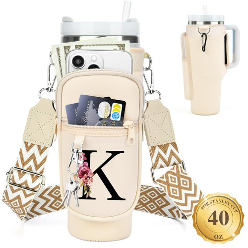 LOKASS Personalized Water Bottle Holder with Strap for Stanley Cup Accessories 40 oz Tumbler, Initial Water Bottle Carrier Bag W/Phone Pocket, for Women,Ideal for Thanksgiving/Christmas/New Year