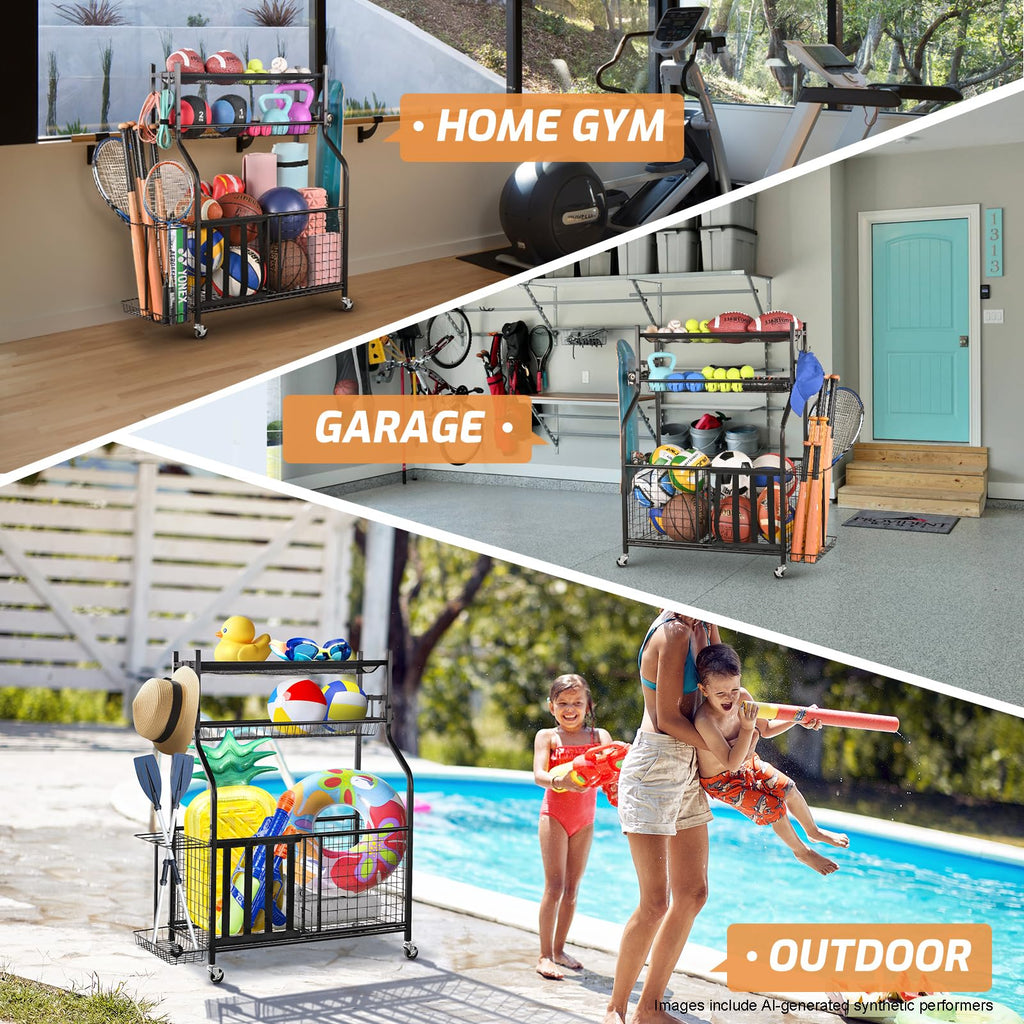 PLKOW Sports Equipment Organizer - Garage Storage Rack with Basket and Hooks, Garage Ball Storage for Toy and Sports Gear, Black