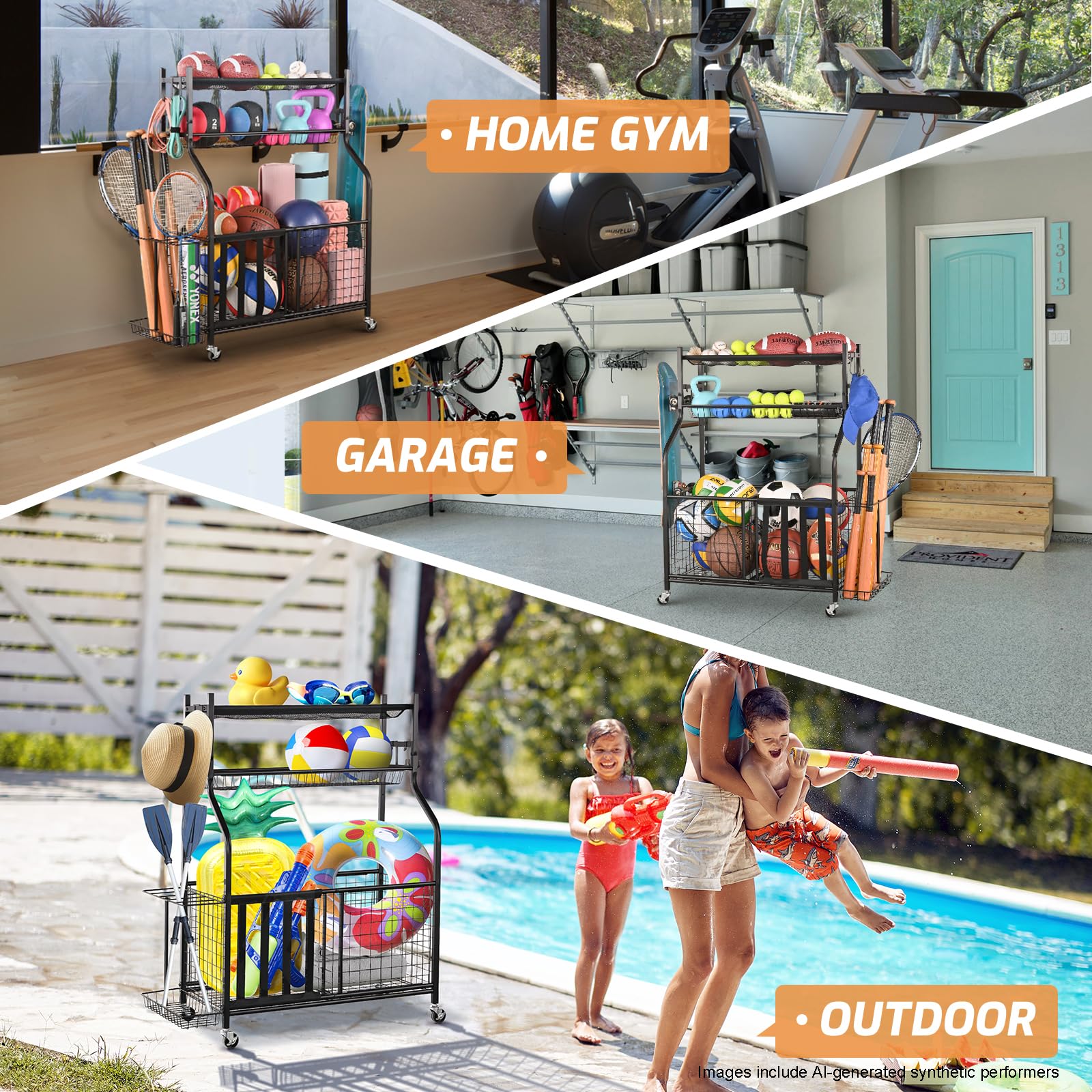 PLKOW Sports Equipment Organizer - Garage Storage Rack with Basket and Hooks, Garage Ball Storage for Toy and Sports Gear, Black
