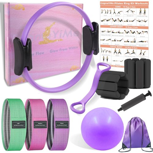 Pilates Ring Kit with Adjustable Ankle Wrist Weights, Resistance Bands, Ball, Pilates Equipment Ball for Home Workout to Tone, Sculpt and Strengthen, Fitness Magic Circle Rings for Yoga Women (Purple)