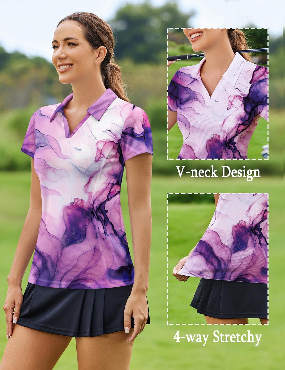 PINSPARK Women's Golf Polo Shirt - Quick Dry V-Neck Tennis Top | Short Sleeve Pickleball Outfit