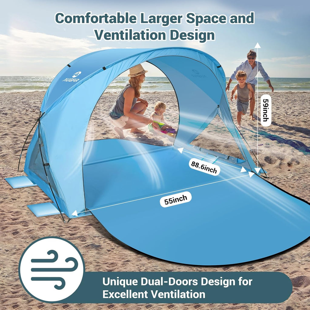 Skiennix Beach Tent - Portable Sun Shelter with UPF 50+ Protection & Dual-Door Ventilation | Fits 4 People (Blue)