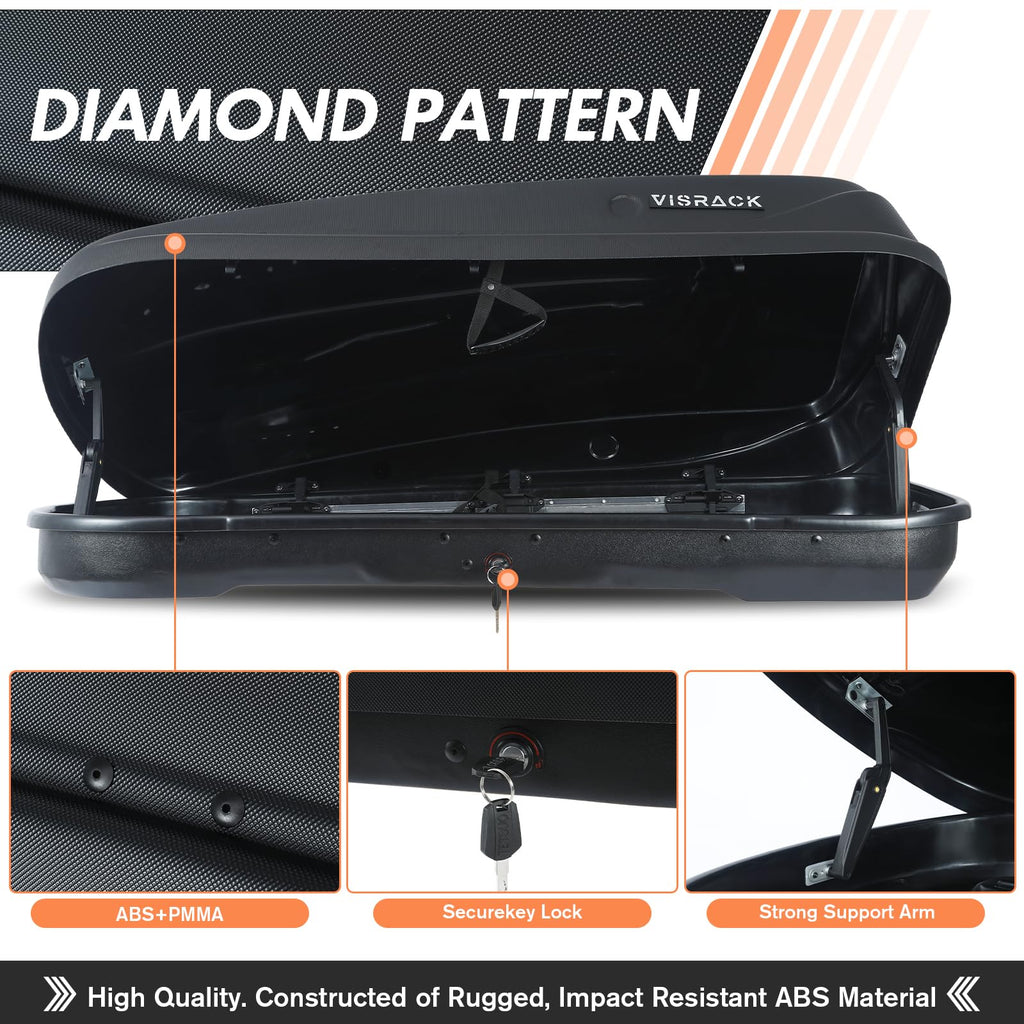 QUAWIP Rooftop Cargo Box,Rooftop Cargo Carrier Hard Shell with Security Keys, Waterproof Heavy Duty Roof Cargo Box, 56 (L) x 30 (W) x 15(H) Inches 13 Cubic Feet (Tool-Free Install) 3D Diamond Black