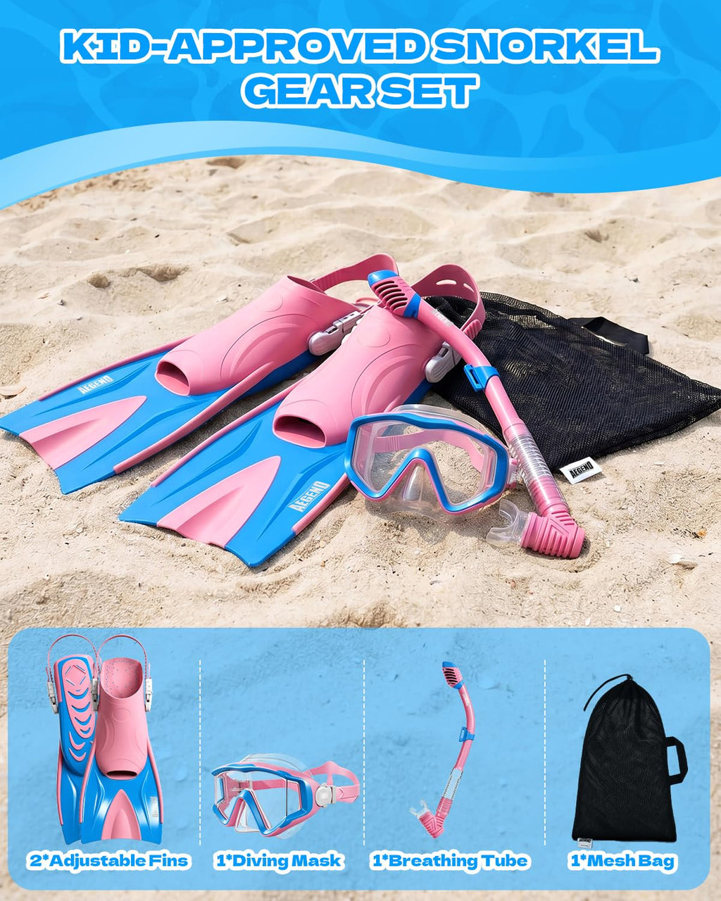 Aegend Snorkeling Gear Set for Kids - Anti-Fog Diving Mask, Adjustable Fins & Dry Snorkel, Full Snorkel Kit for Youth Swimming & Diving (Ages 5-15) (Pink, S/M)