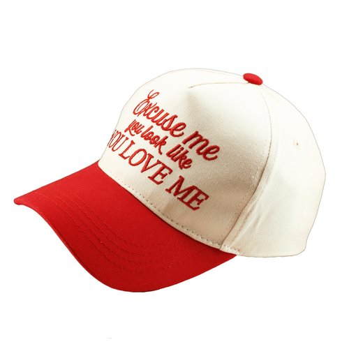 Two-Toned Excuse Me You Look Like You Love Me Dad Cap Embroidered Lettering Hat Baseball Hat for Ladies and Men,Red/Beige