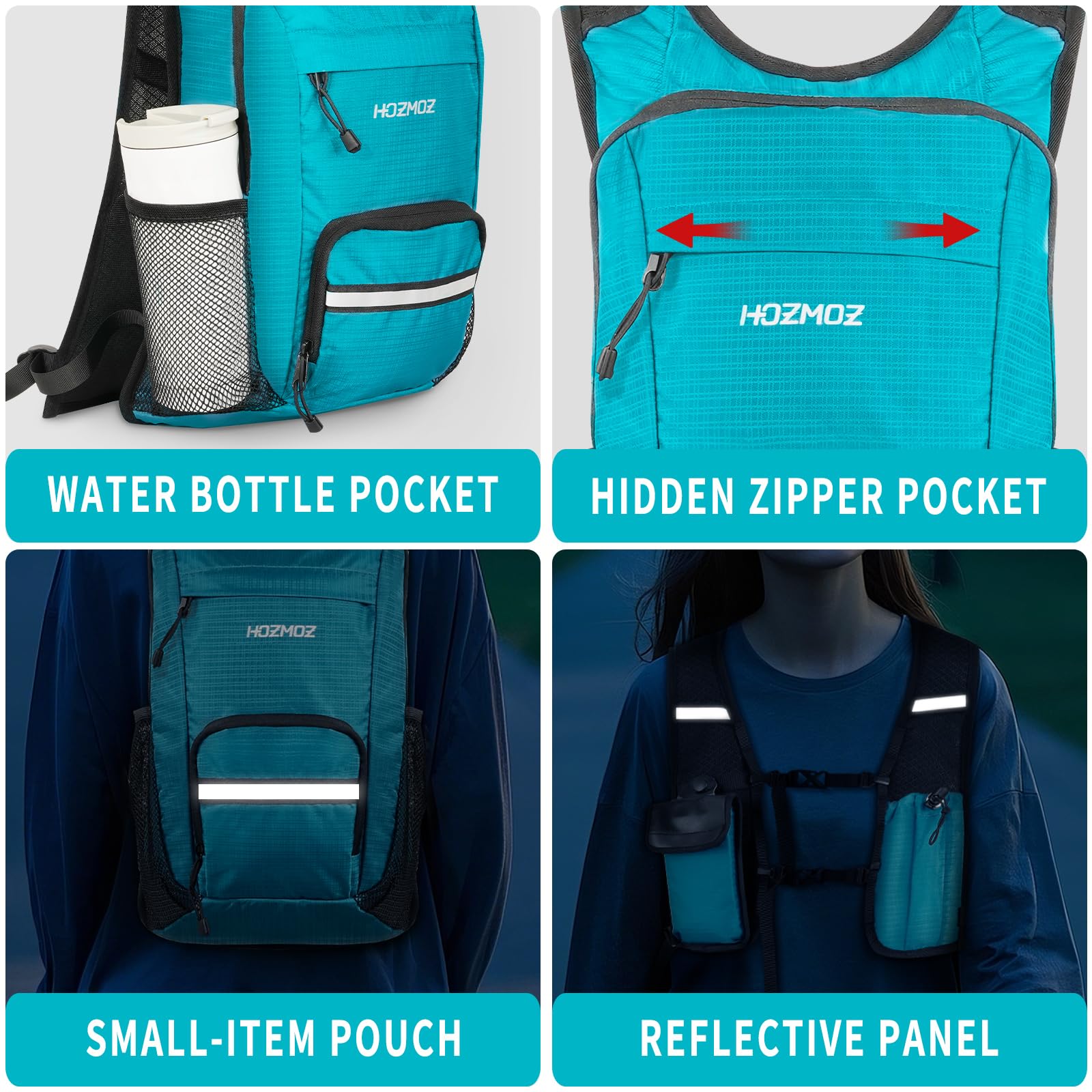 HOZMOZ 10L Small Hiking Backpack For Women Men, Lightweight Travel Packable Back Pack, Foldable Camping Hiking Daypack With Vest-style and Touchscreen Phone Pocket (Lake Green)