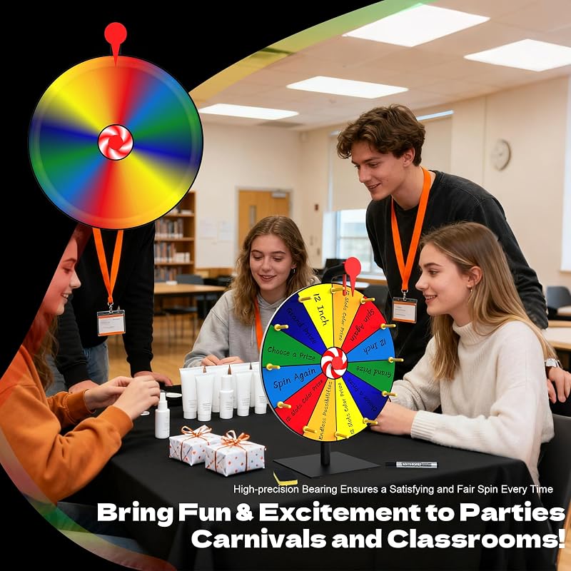 15 Inch Spin Prize Wheel with 12 Slots - Desktop Prize Spinner with Heavy Base for Game, Party, Trade Show, Carnival, Classroom