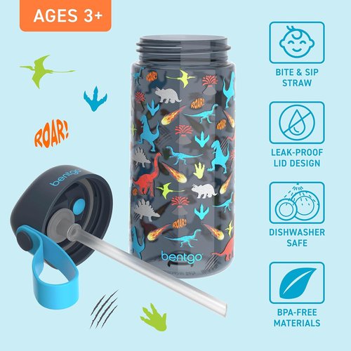 Bentgo Kids Water Bottle - Leak-Proof, Durable Tritan, BPA-Free 15 oz. for Kids | Bite & Sip Spout, Dishwasher Safe, Dinosaur Design