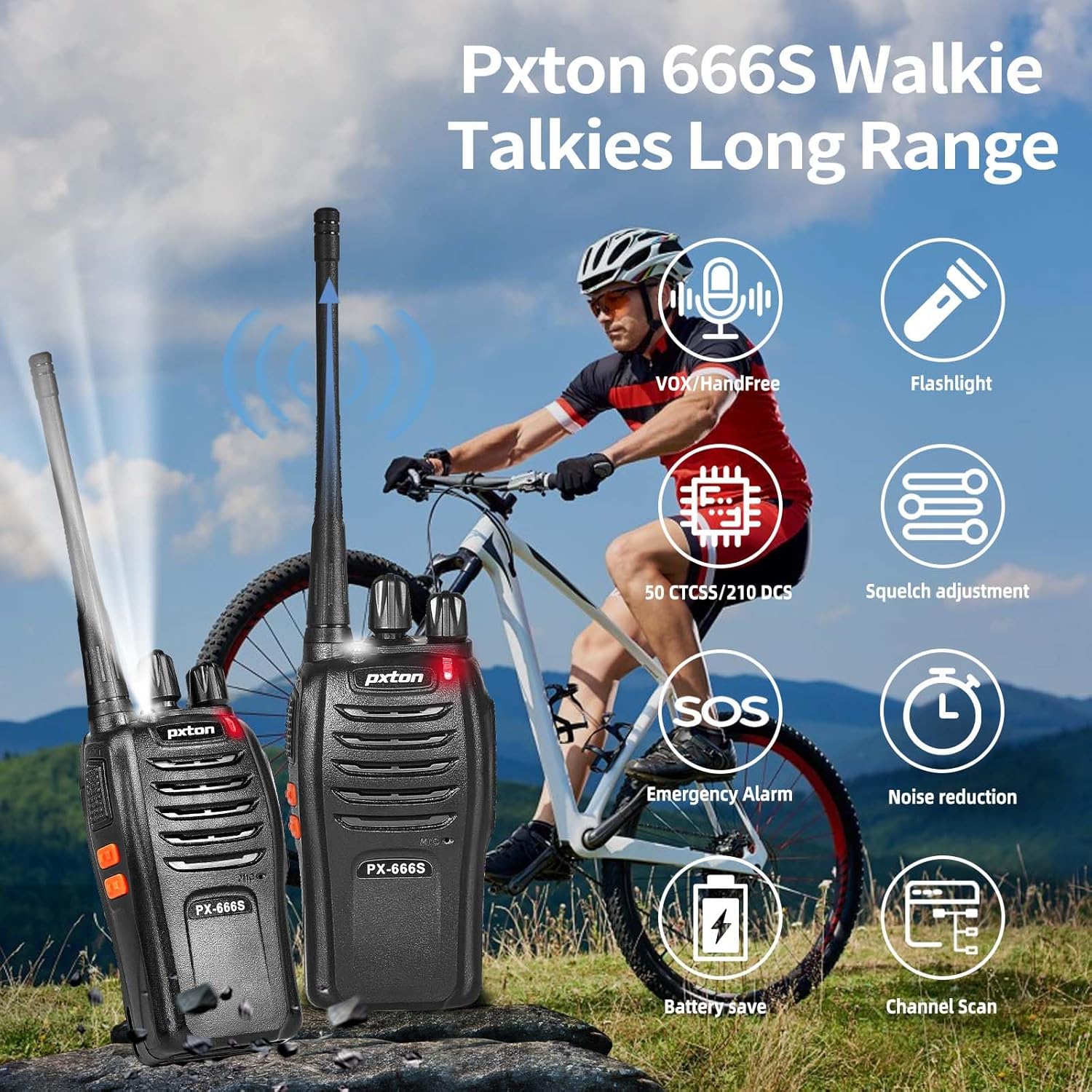 Pxton Walkie Talkies - Long Range Rechargeable 2-Way Radios with Headphones | 8 Pack with VOX & Noise Reduction