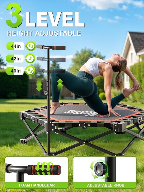 42" Foldable Mini Trampoline - 450lb Capacity Fitness Rebounder with 3-Level Adjustable T-Bar | Non-Slip Pad for Home or Gym Workouts