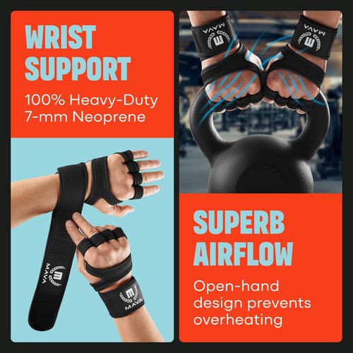 MAVA Open Gym Gloves for Women & Men | Padded Weight Lifting Gloves with Wrist Support for Comfort, Protection | Strong-Grip Fingerless Workout Gloves | Multi-Use, Anti-Sweat Gym Accessories(Black M)
