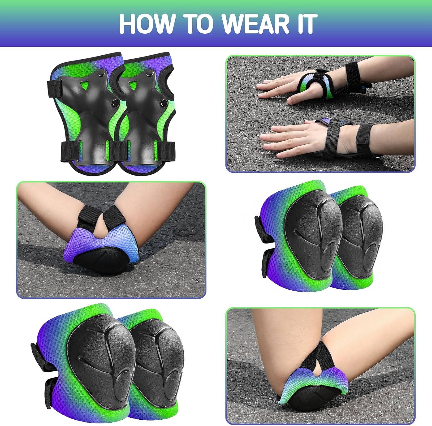Wemfg Kids Protective Gear Set - Knee & Elbow Pads with Wrist Guards | 3-in-1 for Ages 3-14