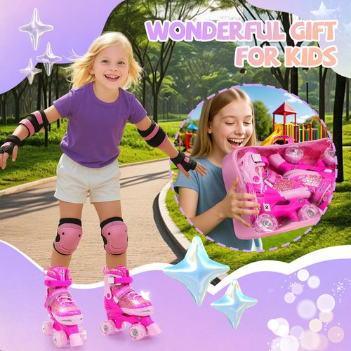 HolaDream Sequins Adjustable Kids Roller Skates with Light Up Wheels & Safety Protection for Beginners, Toddler Roller Skates Girls Ages 5-8, 8-12 for Indoor Outdoor Sports