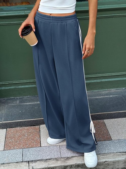 Fisoew Women's Wide Leg Sweatpants - High Waisted, Side Slit, Striped Lounge Pants with Pockets