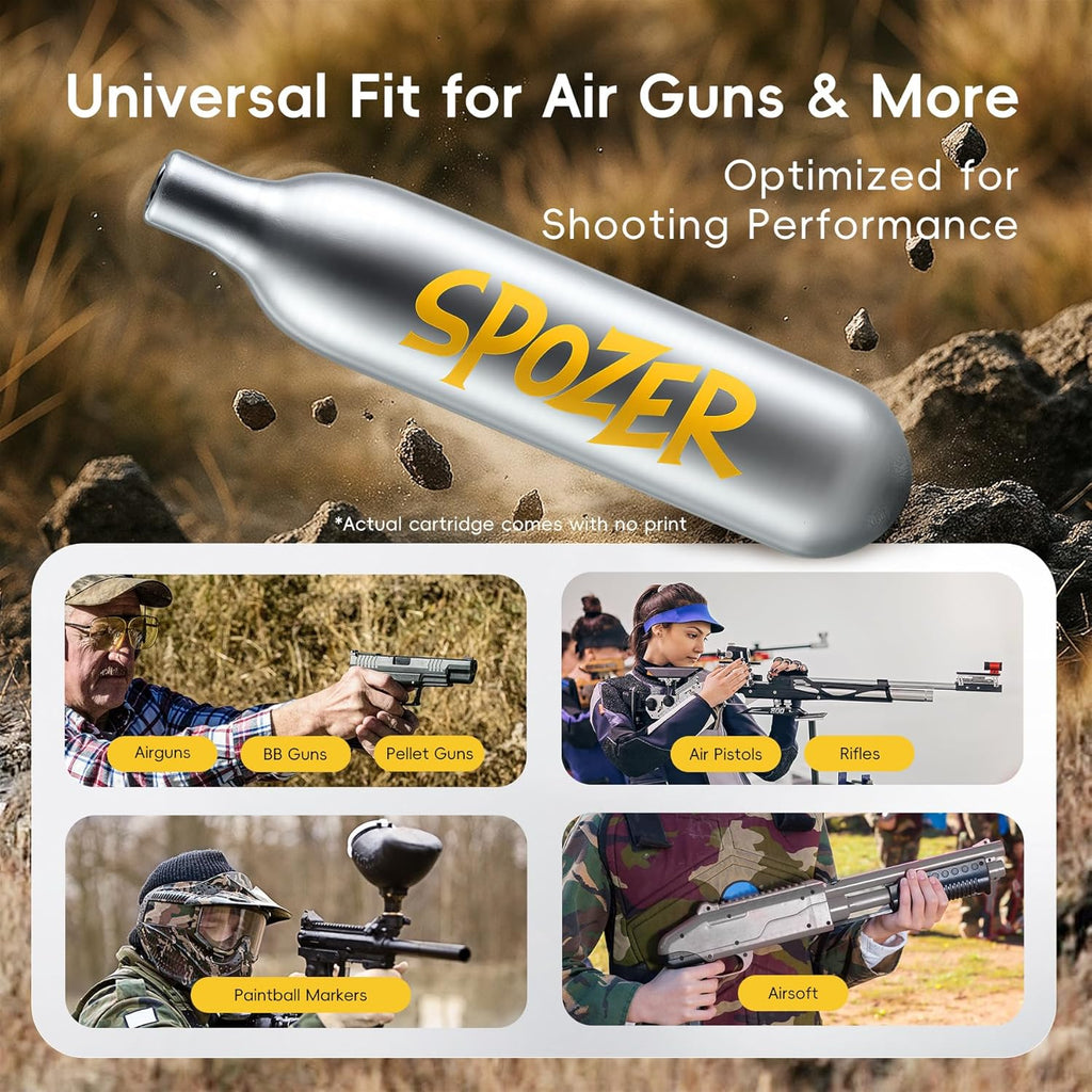 Spozer 12g CO2 Cartridges - 25 Pack, Non-Threaded Fit for BB Guns, Airguns, Paintball & More