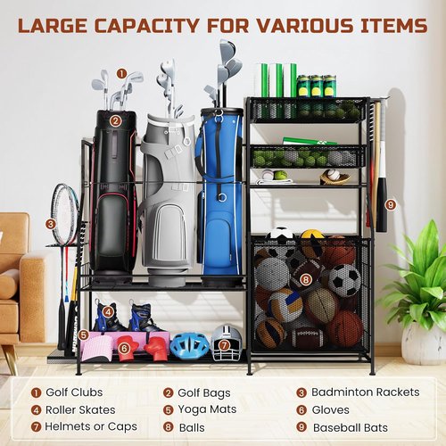 Garage Sports Equipment Organizer - Heavy-Duty Golf Bag Storage Stand with Basket & Hooks | Space-Saving Design