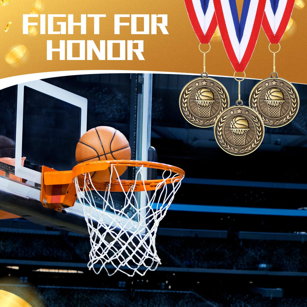 Loetere 60 Pcs Sports Award Medals Bulk 2 Inch Bronze Trophies with Neck Ribbons Football Basketball Baseball Soccer Cheerlead Winner Medal for Team Gift Sport Party Games Prize Supply(Basketball)