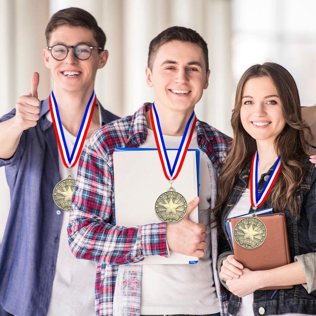 Quelay 30 Pcs 2'' Award Medals Bulk Gold Winner Medals with Neck Ribbons Metal Trophy Award Prize Gift for Tournaments, Competitions, Party, Kids and Adults (Service Award)