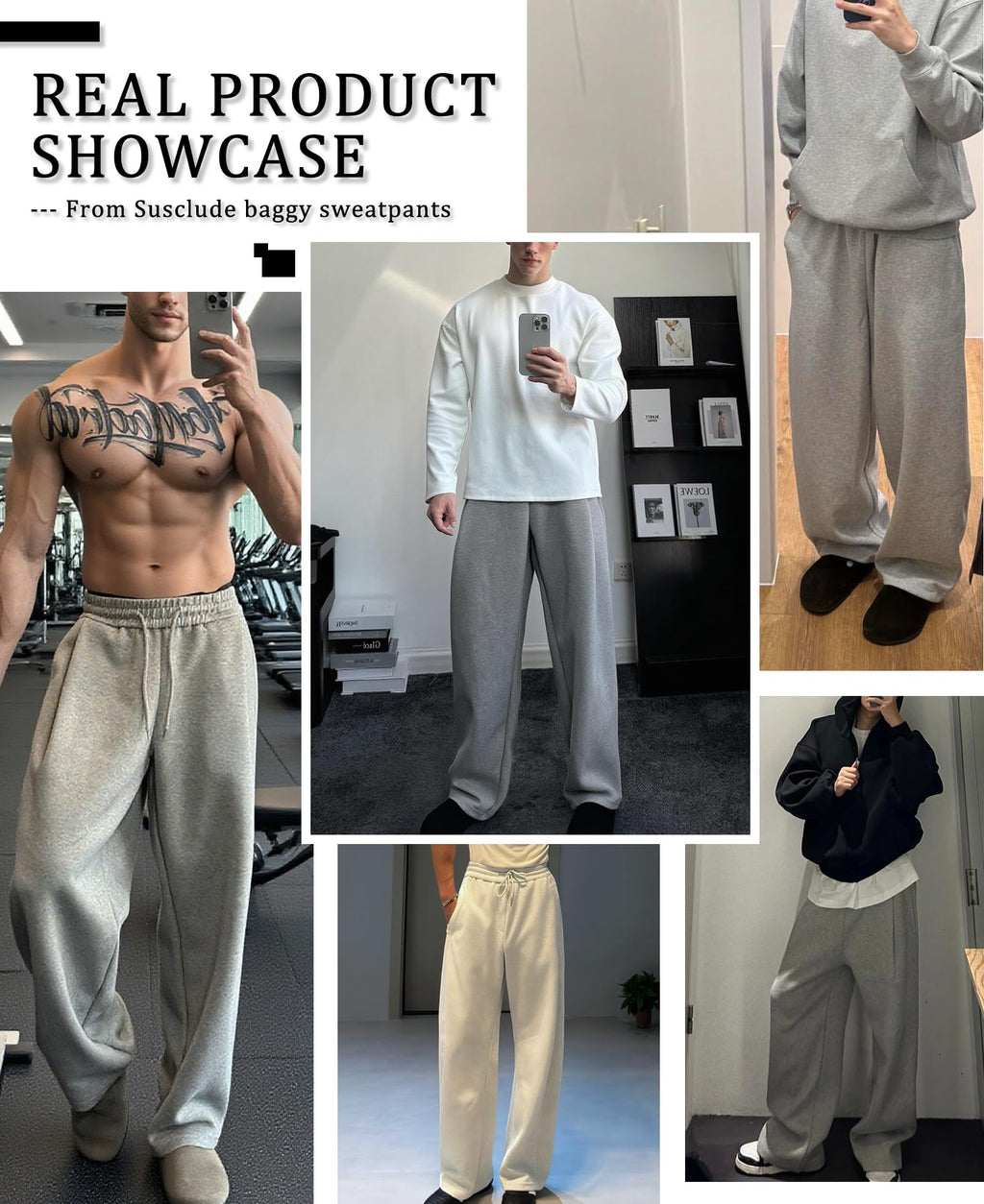 Susclude Baggy Sweatpants Men Wide Leg Fleece Lined Sweat Pants Heavyweight Slacks Elastic Lounge Loose Fit Oversize Pants Light Grey