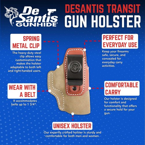 Desantis Transit Gun Holster, Versatile IWB Holster, Made of Kydex and Premium Leather, Fits Glock 26; 27; Walther PPS; PPS M2; PK380; Taurus PT111; PT140 G2 MIL Guns, Unisex, Ambidextrous