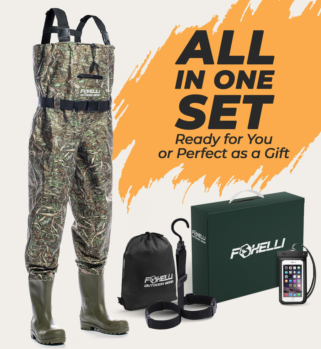 Foxelli Chest Waders – Waterproof 2-ply Nylon/PVC Camo Hunting Fishing Waders for Men and Women with Boots