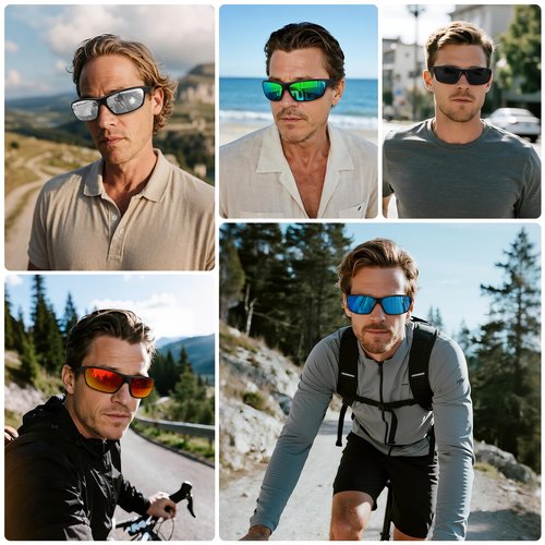 MEETSUN Polarized Sports Sunglasses for Men Women Wrap Around Driving Cycling Golf Fishing Sun Glasses UV400 Protection 3Pack- Black+Blue+Red