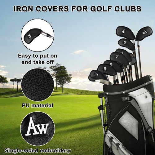 MuRealy 10PCS Premium Synthetic Leather Golf Iron Head Covers Set, Black Durable Golf Club Head Covers, Single Sided Embroidered Labels Golf Club Cover, Perfect for Most Clubs
