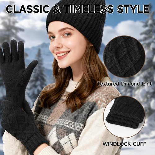 Braventure Winter Gloves Beanie Hat Set: Men Women Warm Thermal Fleece Windproof Touchscreen Gloves & Knit Skull Cap Set for Commuting Driving Shoveling Shopping Hiking Extreme Cold Weather Black