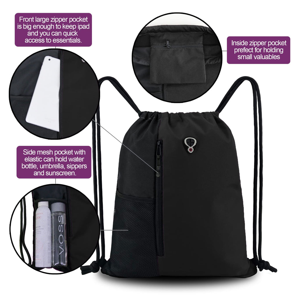 BeeGreen White Drawstring Backpack Gym Bag For Men & Women – Sports Sackpack with Mesh Water Bottle Holder & 2 Zippered Pockets – Large 16x20 Inch Cinch String Backpack Workout Bag for Running, Travel