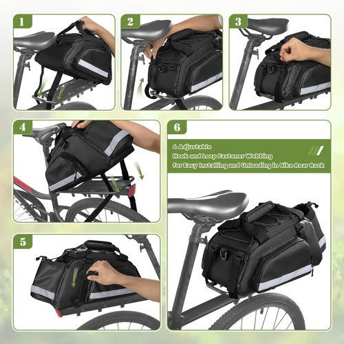 GRAOSO Bike Rear Rack Bag, Pannier Bags for Bicycles with 12L Capacity, Bike Trunk Cooler Bag with Reflective Strips, Reinforced Handle and Removable Shoulder Strap (Black)