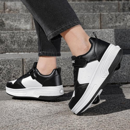 HSQ Roller Skate Shoes for Girls Boys Kids Detachable Wheeled 2 in 1 Skating Shoes with Wheels Fashion Sneaker Ages 5-8,8-12 Black White Size Big Kid 4