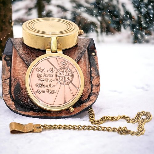 Brass Compass 'Not All Those Who Wander are Lost' Personalized Compass with Leather Case - Inspirational Compass for Wanderer Traveler Graduation Gift Birthday Gift Travel Gift