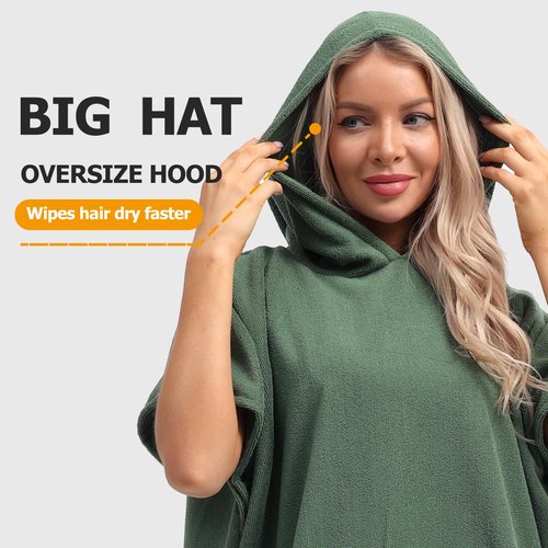 Eunzel Surf Poncho Changing Robe with Hood for Men & Women, Absorbent Quick Dry Microfiber Wetsuit Changing Towel with Pocket for Surfing, Beach, Swim & Outdoor Sports, Army Green