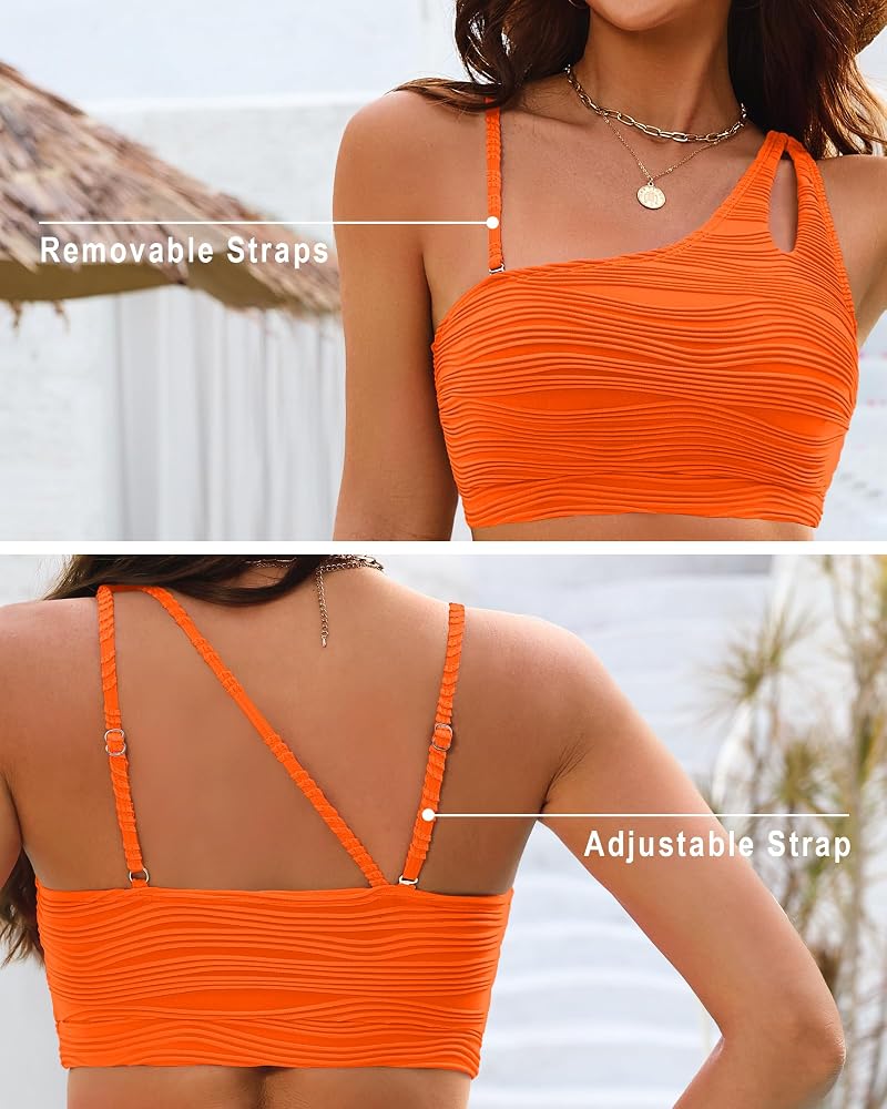 Orange X-Large Women’s Textured One-Shoulder High-Waist Tummy Control Bikini Set