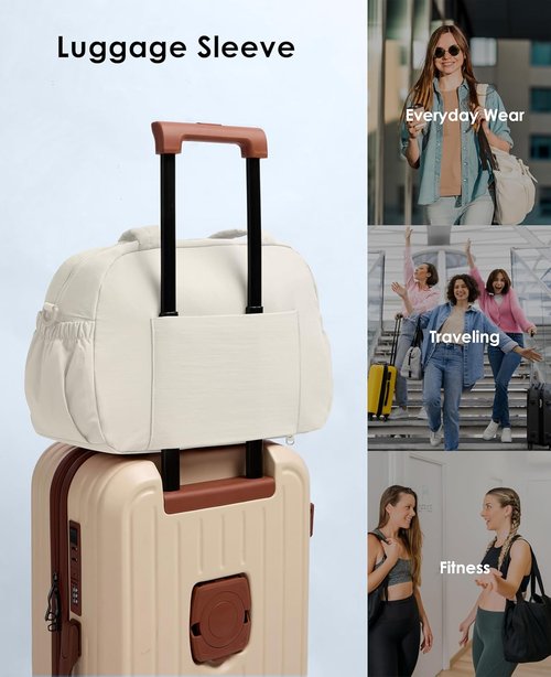 Gym Bag for Women, Travel Duffle Bags with Wet Pocket, Lightweight Carry on Bag Overnight Weekender Duffel Bag, Water Resistant (Beige)
